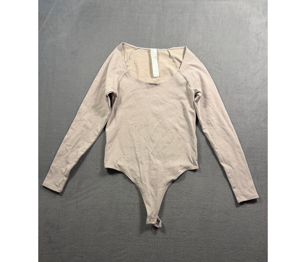 Fabletics Beige Taupe Scoop Neck Long Sleeve Thong Bodysuit Women's Size Large L